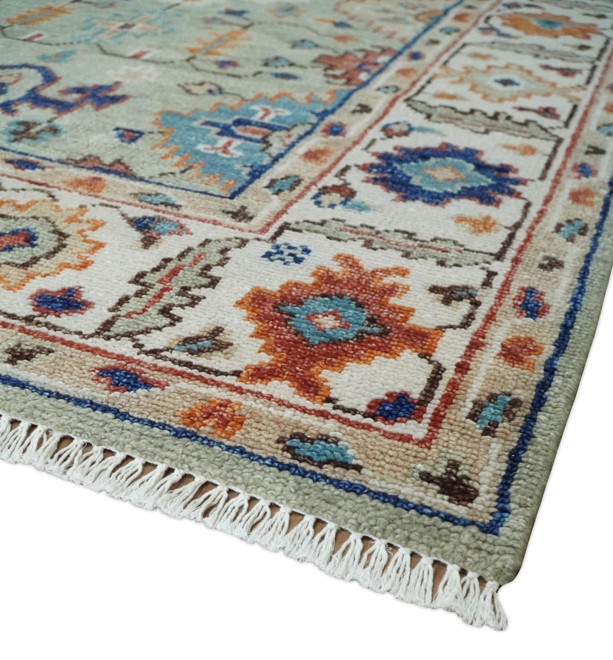 Turkish Knot Antique Green and Ivory Traditional Hand knotted Wool Rug