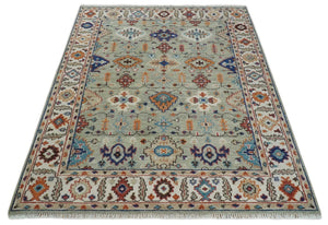Turkish Knot Antique Green and Ivory Traditional Hand knotted Wool Rug
