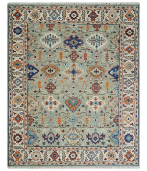 Turkish Knot Antique Green and Ivory Traditional Hand knotted Wool Rug