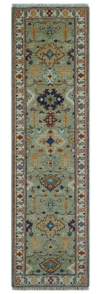 Turkish Knot Antique Green and Ivory Traditional Hand knotted Wool Rug