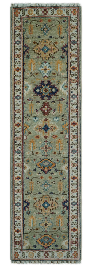 Turkish Knot Antique Green and Ivory Traditional Hand knotted Wool Rug