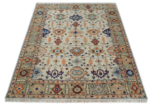 Turkish Knot Ivory and Green Colorful Traditional Multi Size Hand knotted Oushak Rug