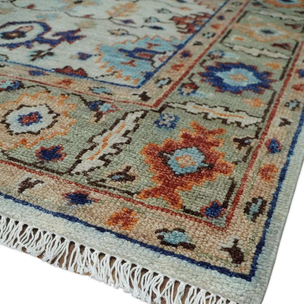Turkish Knot Ivory and Green Colorful Traditional Multi Size Hand knotted Oushak Rug
