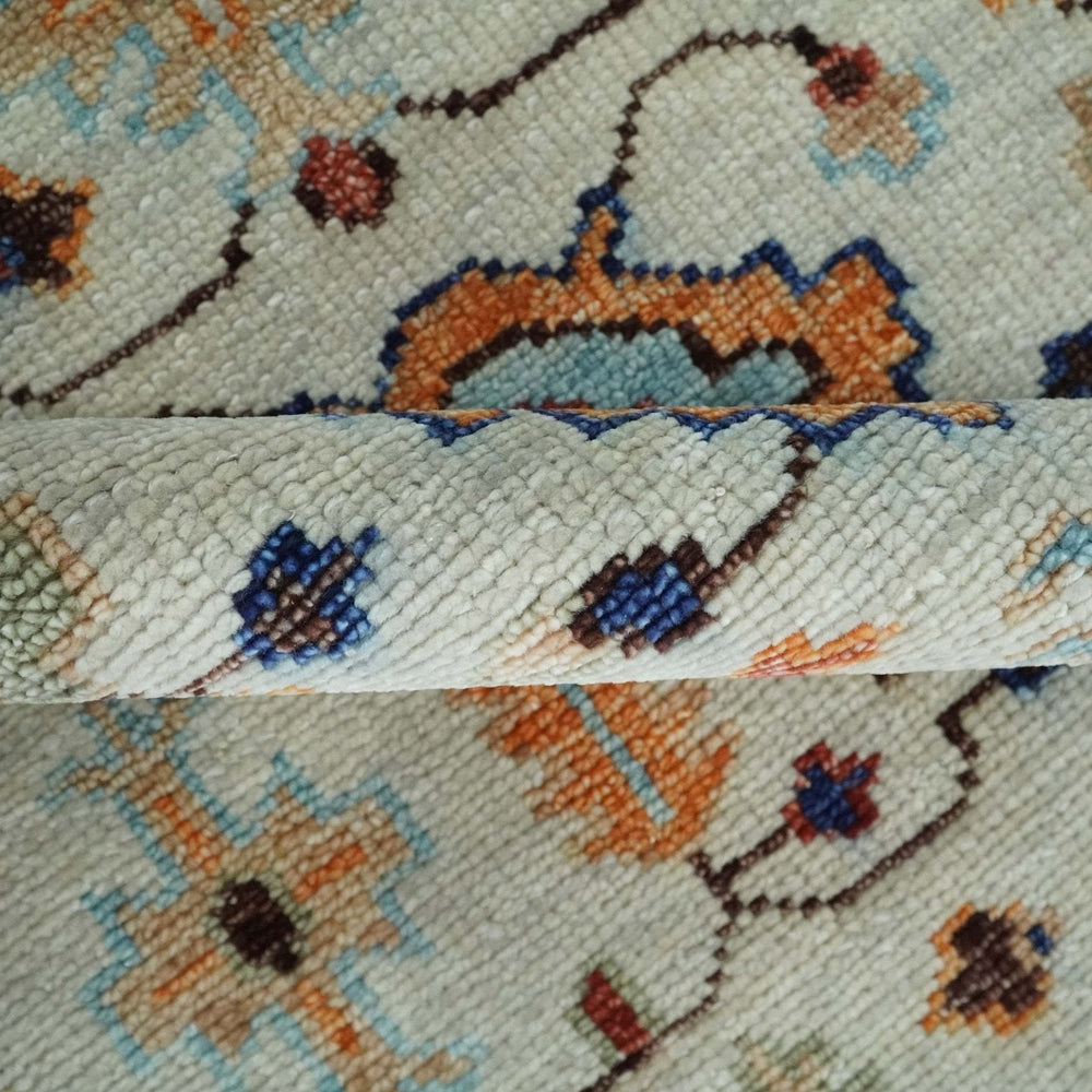 Turkish Knot Ivory and Green Colorful Traditional Multi Size Hand knotted Oushak Rug