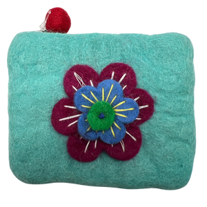 Felt Wool  Teal Coin Purse with Flower Applique