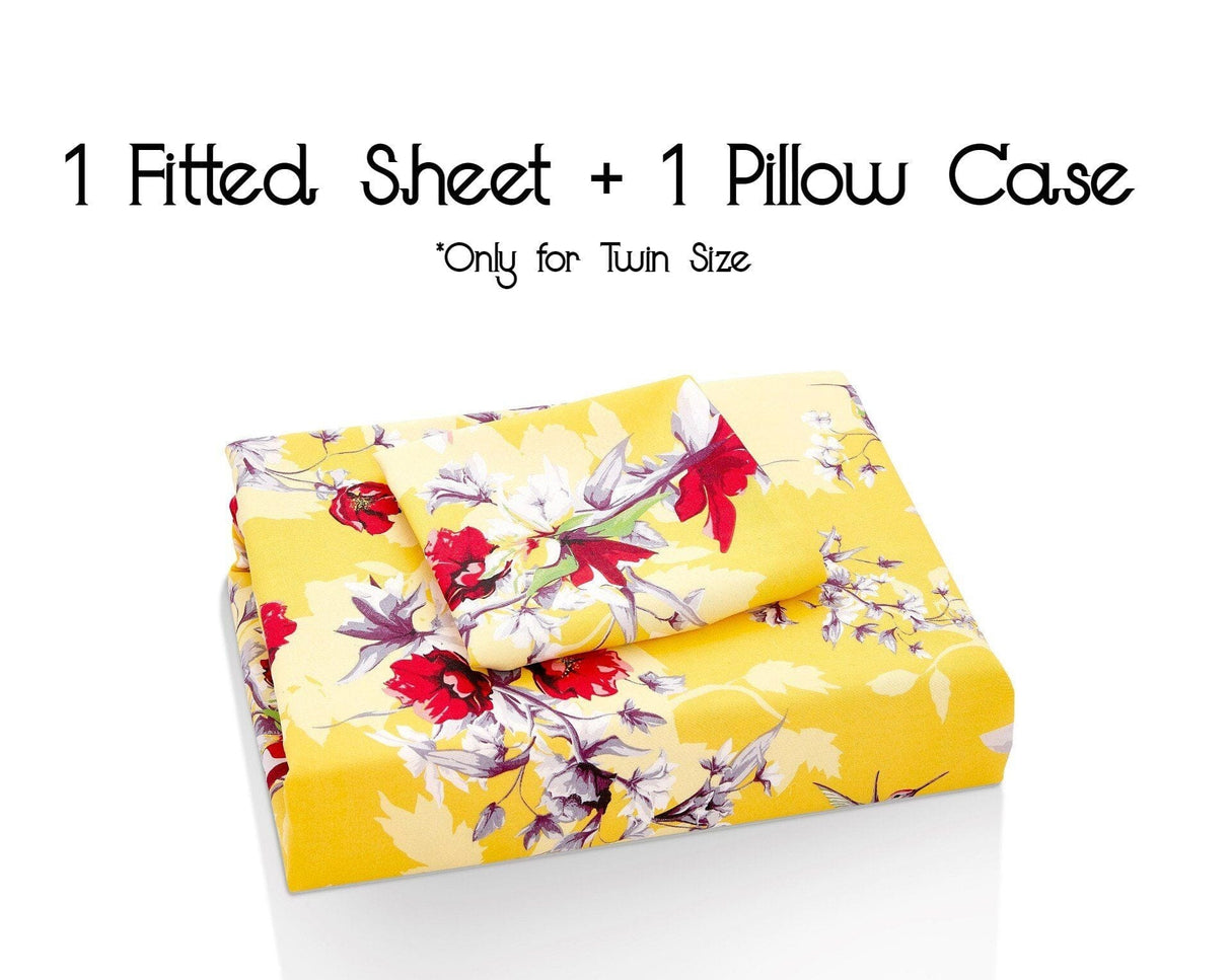 DaDa Bedding Sunshine Yellow Hummingbirds Floral Fitted Bed Sheet w/ Pillow Cases (JHW-925)