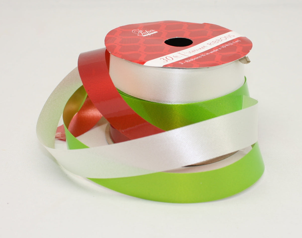 10 Foot Premium Ribbon 3 Piece Set - Red/Green/White