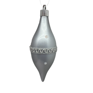 7" Shatterproof Smooth Finial Ornament – Candy Silver With Silver Braid and Dots