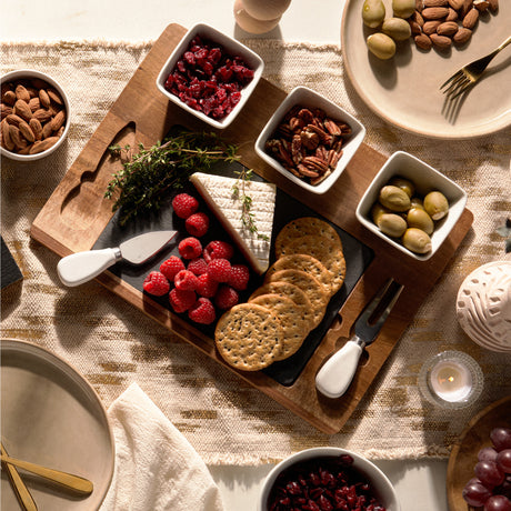 Acacia & slate cheese board set w/ceramic bowls by twine