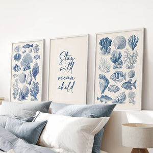 Coastal Sea Life Prints. Blue Sea Shells and Fish Print Set