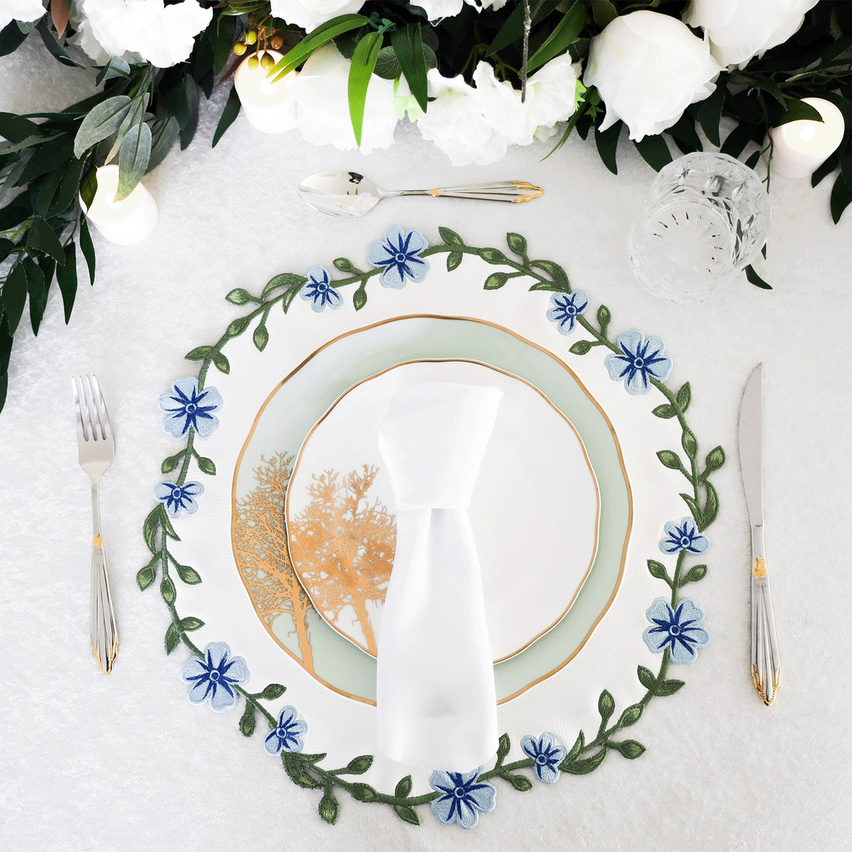 Unity White Blue Round Faux Leather Placemats