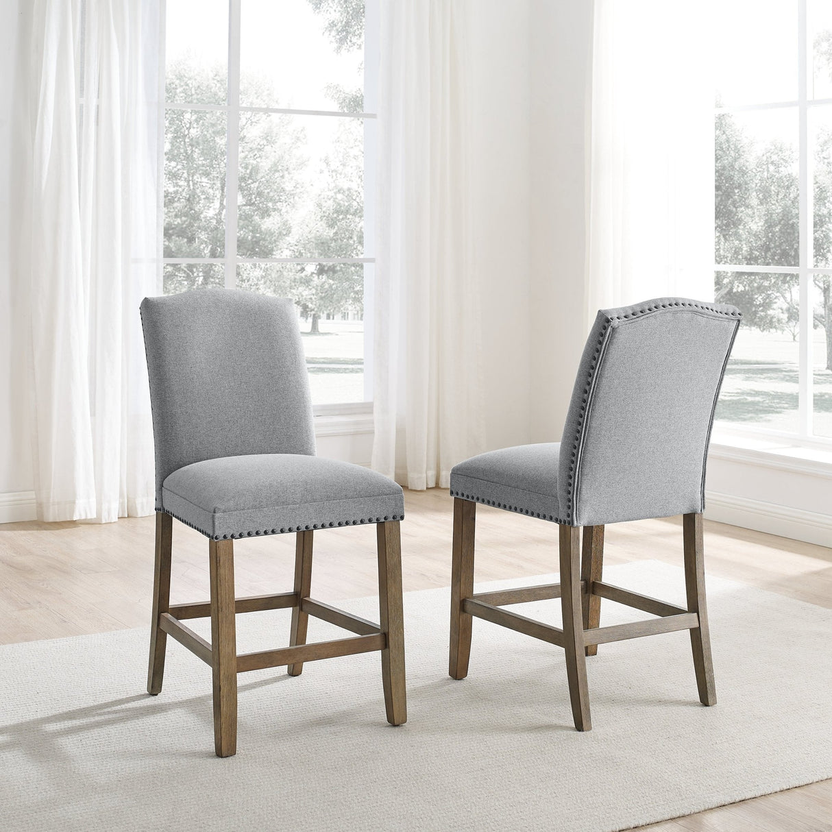Upholstered Counter Chair with Nailhead Trim and Footrest, Set of 2 - Counter Stools