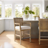 Upholstered Counter Stool with Cane Back and Open Arm Design - Counter Stools