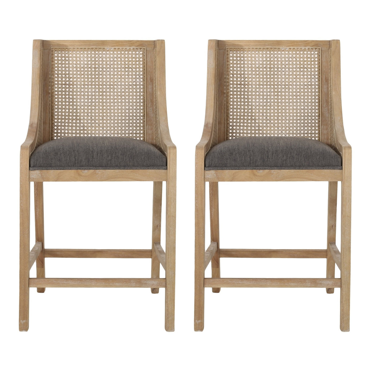 Upholstered Counter Stool with Cane Webbing Backrest, Set of 2 - Counter Stools