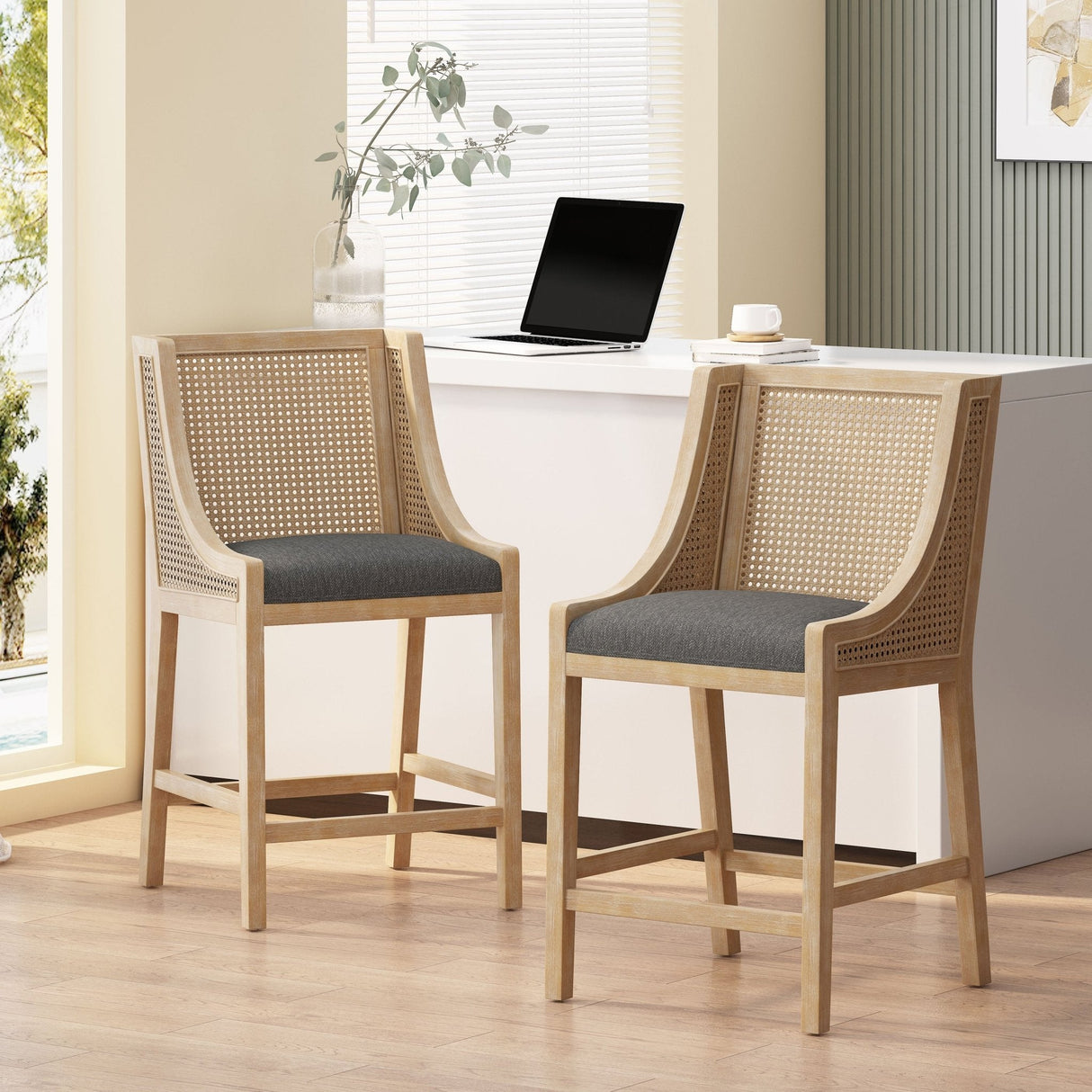 Upholstered Counter Stool with Cane Webbing Backrest, Set of 2 - Counter Stools