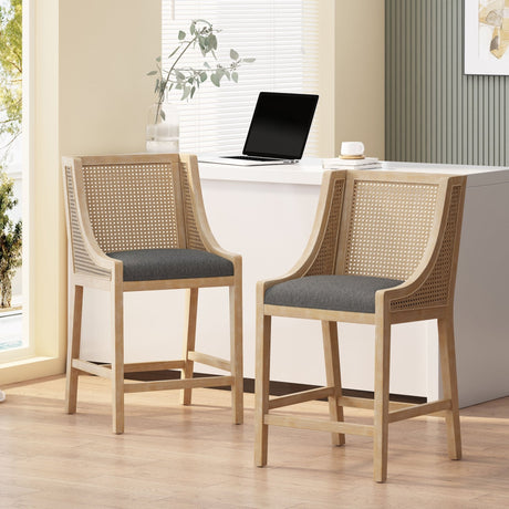 Upholstered Counter Stool with Cane Webbing Backrest, Set of 2 - Counter Stools