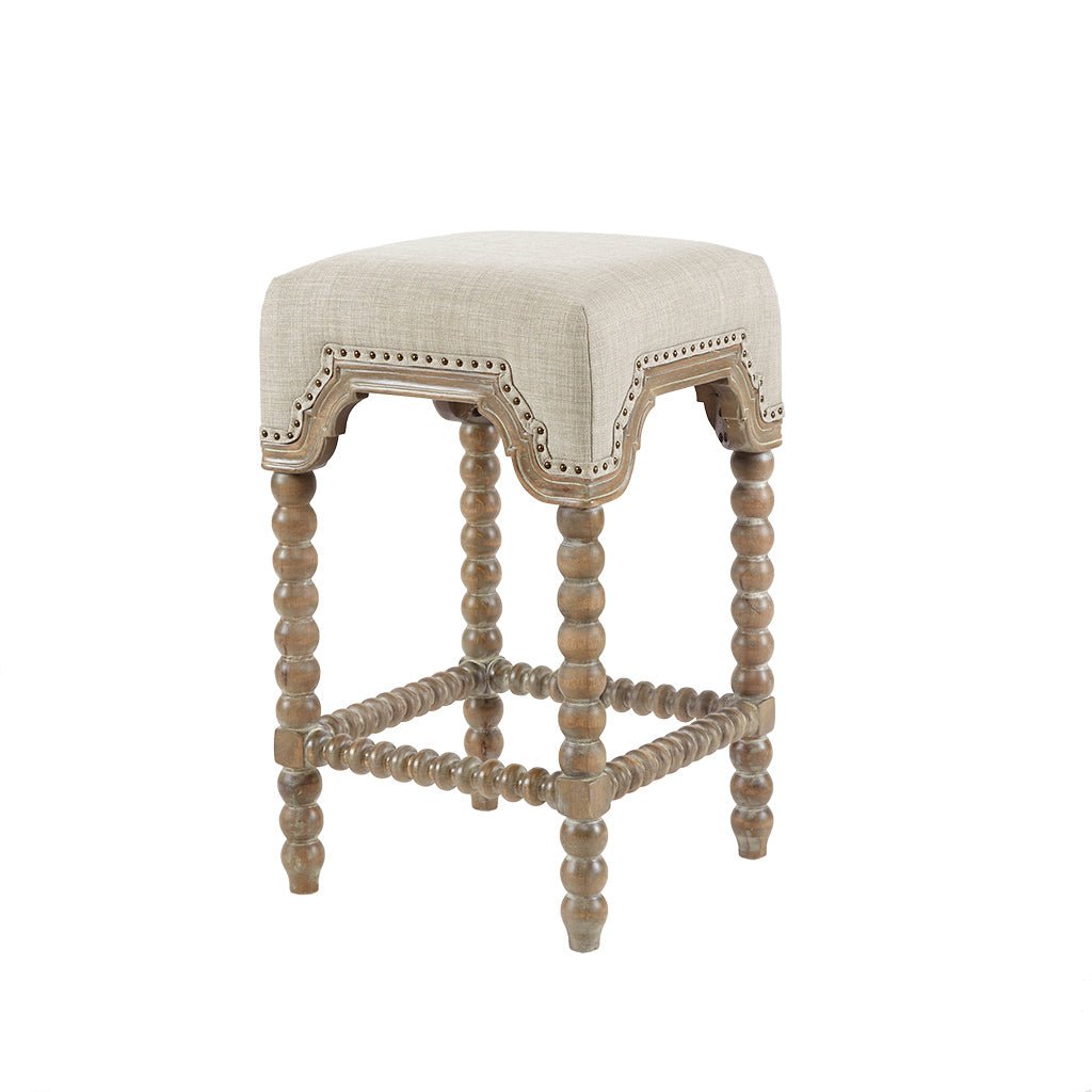 Upholstered Square Counter Stool with Nailhead Trim, Turned Legs and Footrest - Counter Stools
