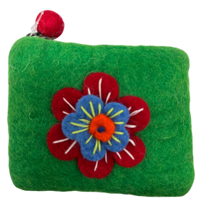 Felt Wool Coin Purse in Green with Flower Applique