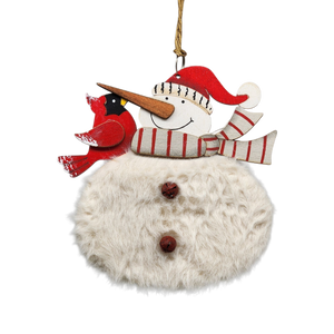 Wood and Fur Snowman Ornament - Grey Scarf with Cardinal