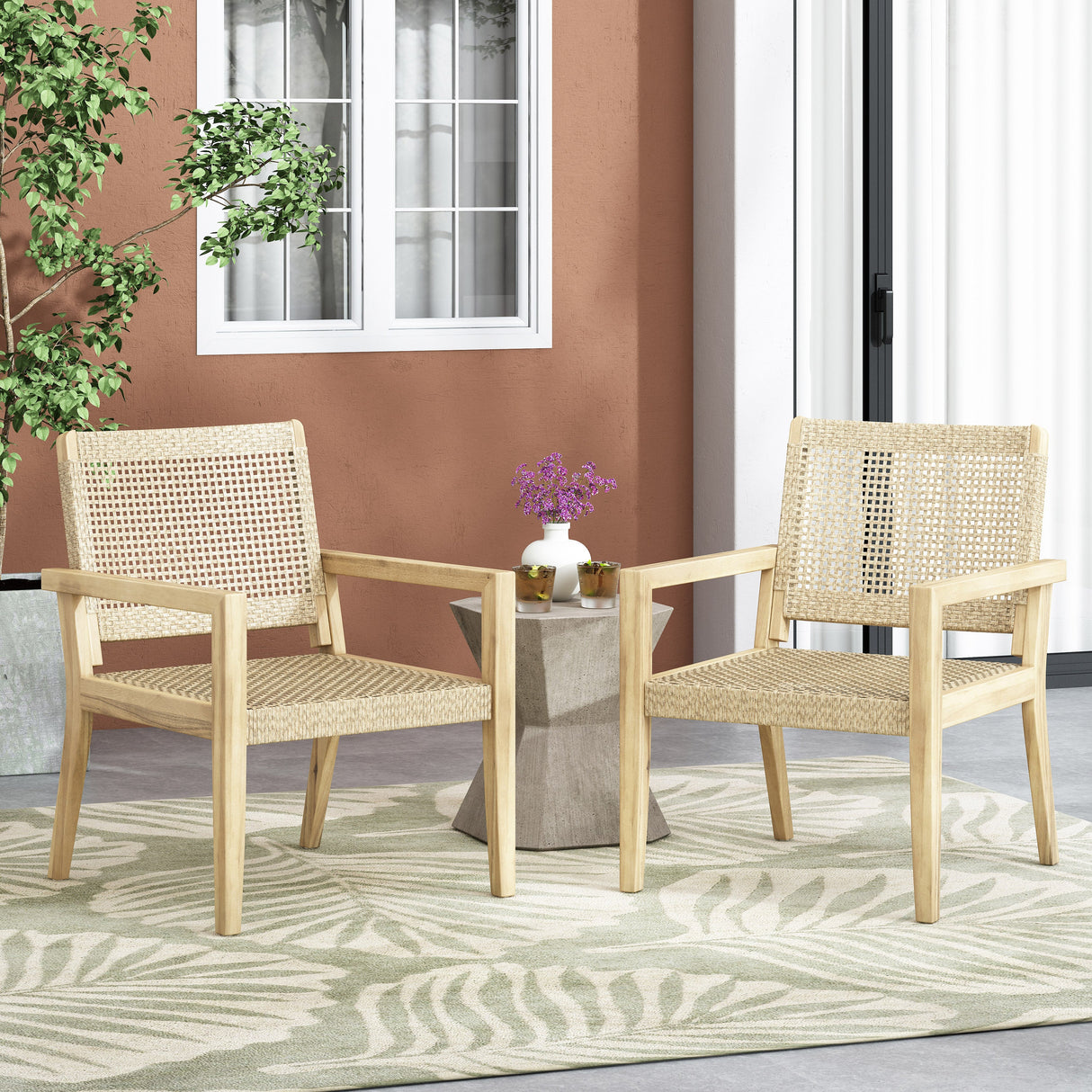 Outdoor Wicker and Acacia Wood Club Chairs - Set of 2
