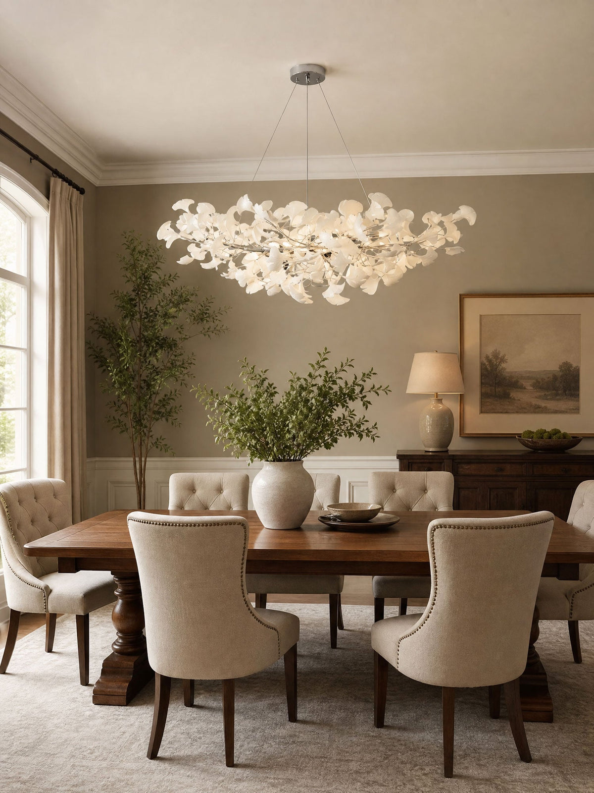 Porcelain Ginkgo Leaf Linear Chandelier with Flexible Branches | Dining Table Light