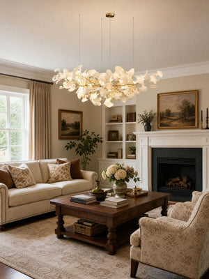 Porcelain Ginkgo Leaf Linear Chandelier with Flexible Branches | Dining Table Light