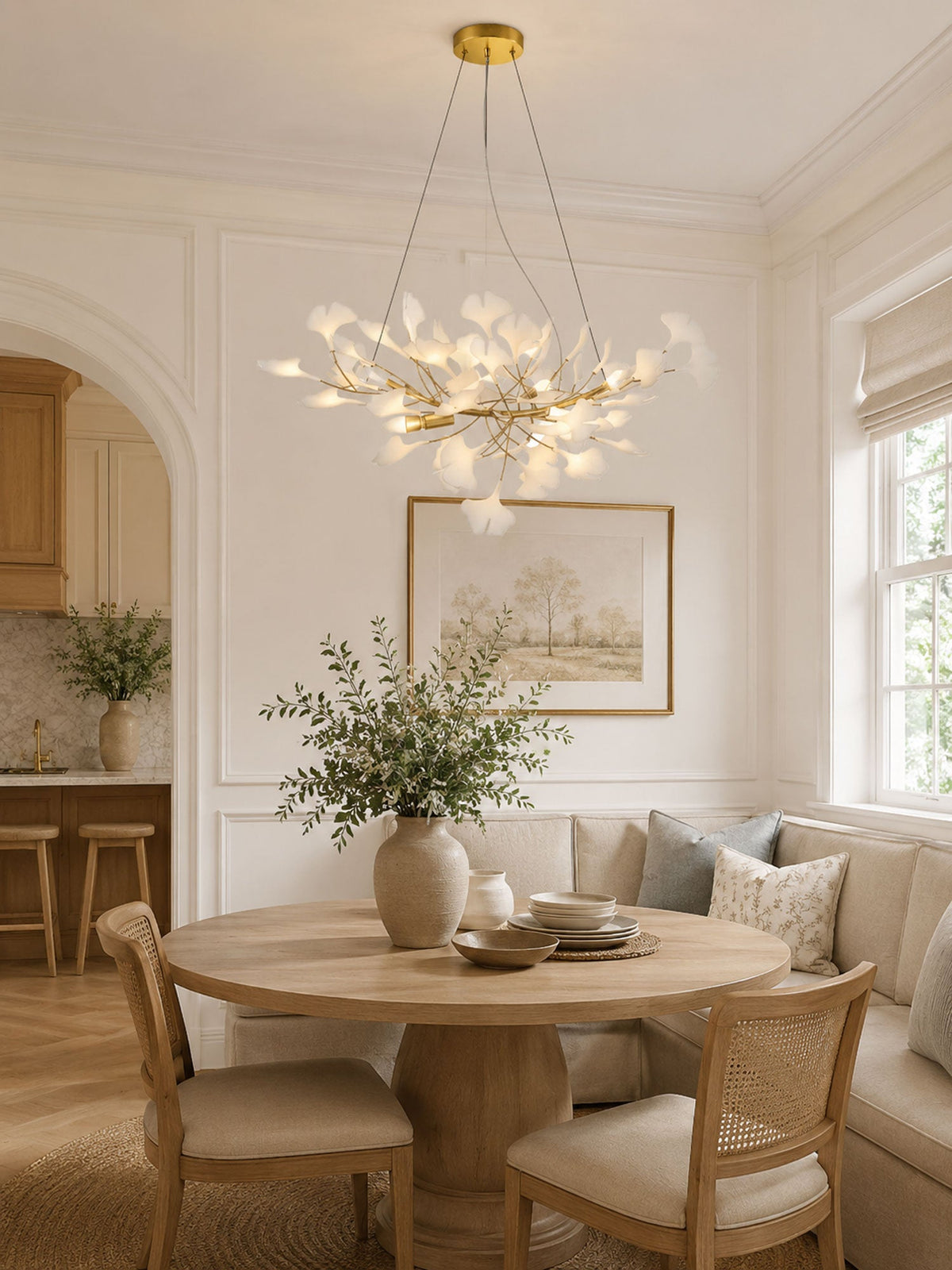 Porcelain Ginkgo Leaf Linear Chandelier with Flexible Branches | Dining Table Light