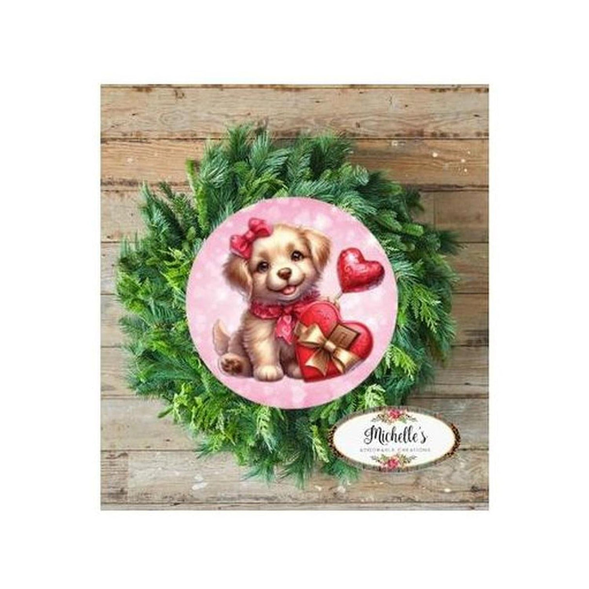 Valentine Puppy Candy Hearts Round Sign - Wreath Enhancement