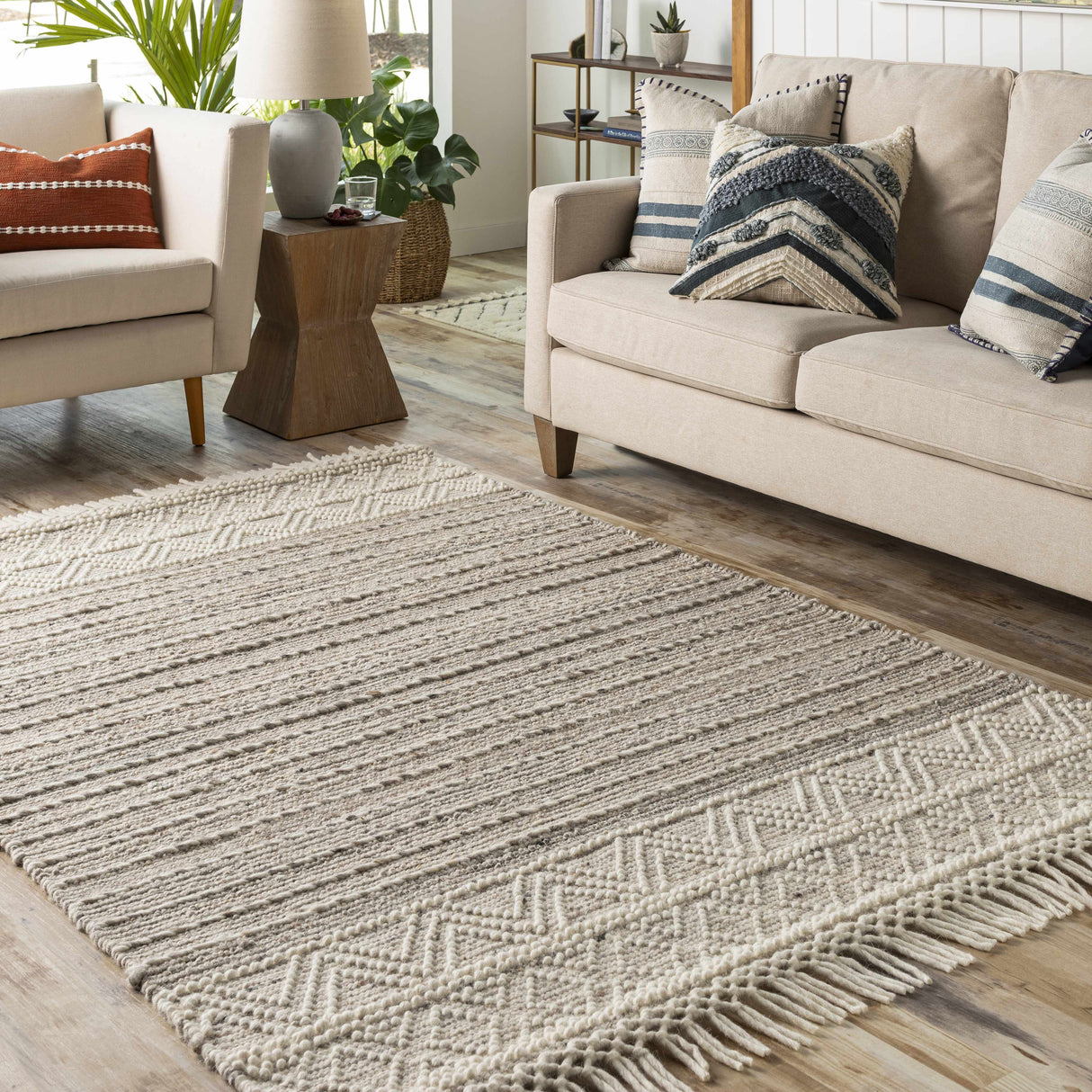 Cream Veruela Wool Blend Braided Tassel Area Rug - Clearance