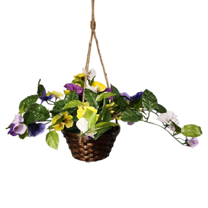 Trailing Pansy Flowers in 8" Hanging Bamboo Basket -