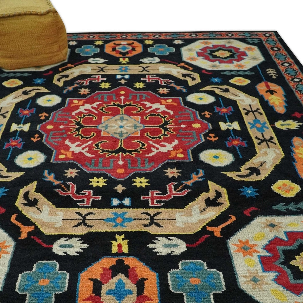 Vibrant colorful 8x10 Black, Maroon and Beige Traditional Medallion Mamluk Design wool Rug