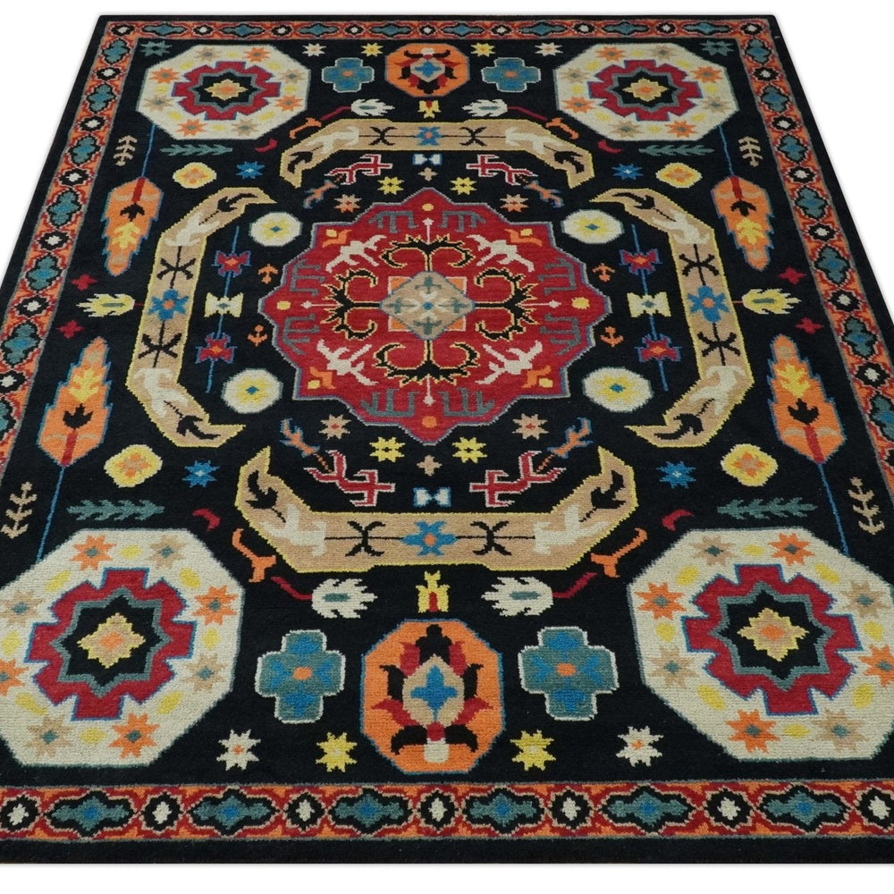 Vibrant colorful 8x10 Black, Maroon and Beige Traditional Medallion Mamluk Design wool Rug
