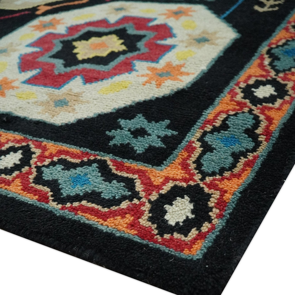 Vibrant colorful 8x10 Black, Maroon and Beige Traditional Medallion Mamluk Design wool Rug