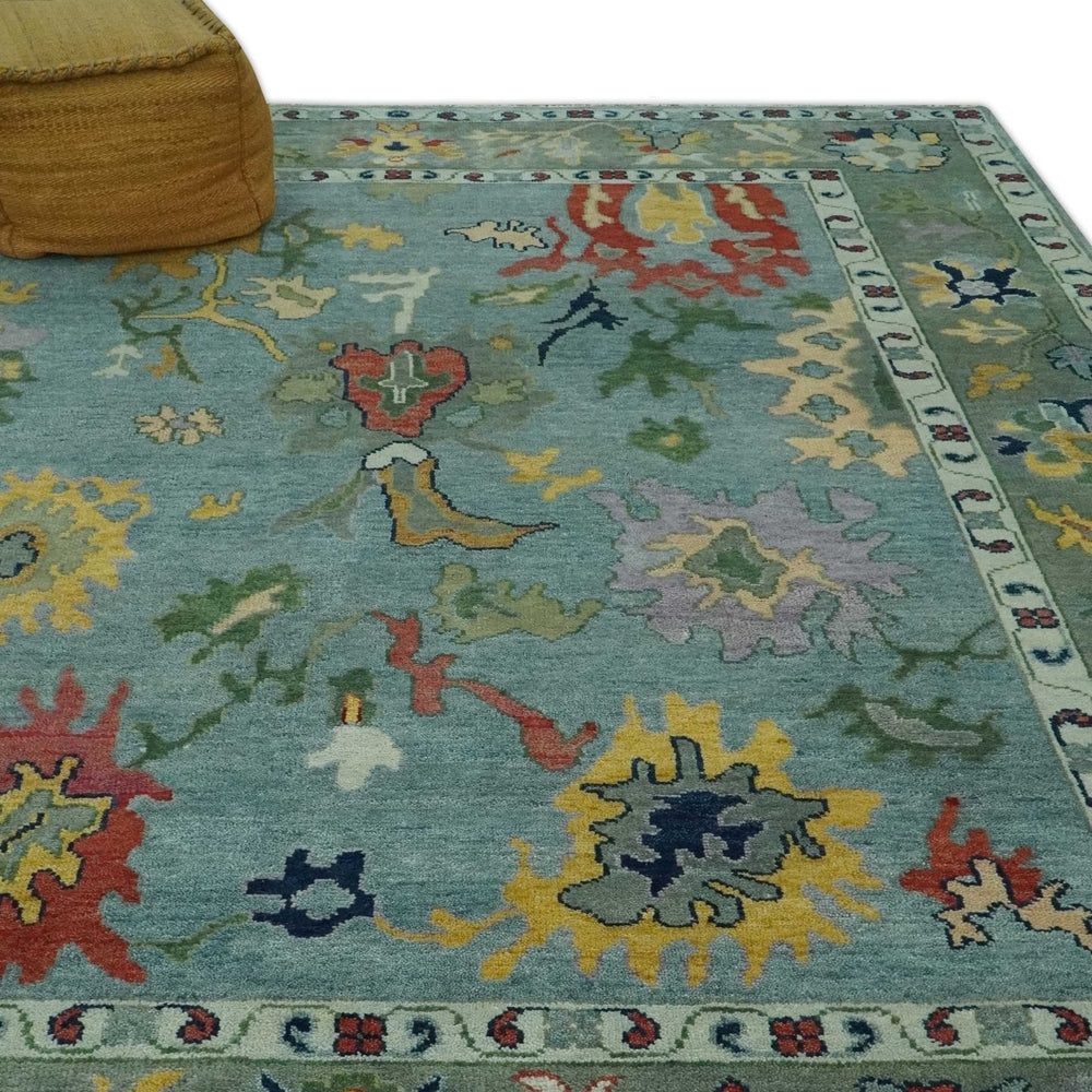 Vibrant Colorful 8x10 Gray and green Hand Knotted Traditional Oushak wool rug