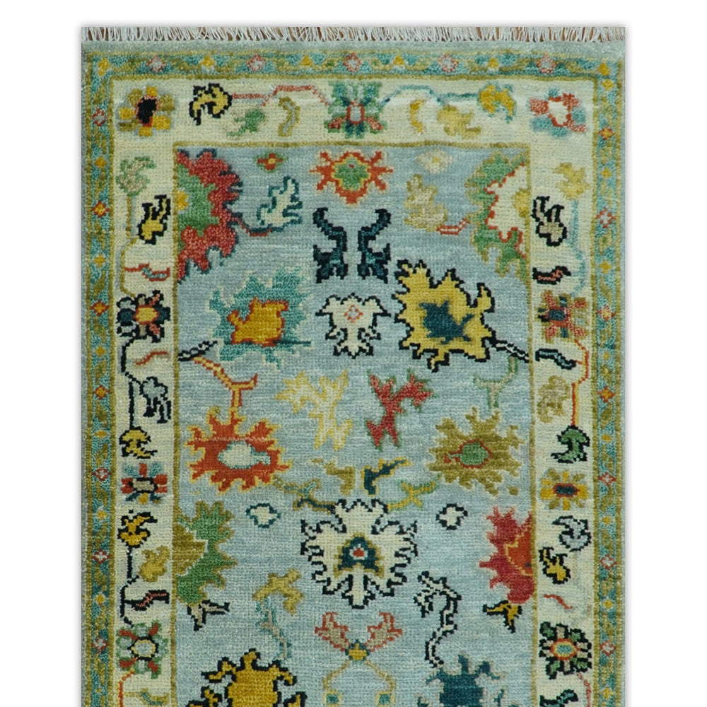 Vibrant Colorful Aqua, Ivory, Gold and Rust Hand Knotted Traditional Oushak Multi Size wool Area Rug