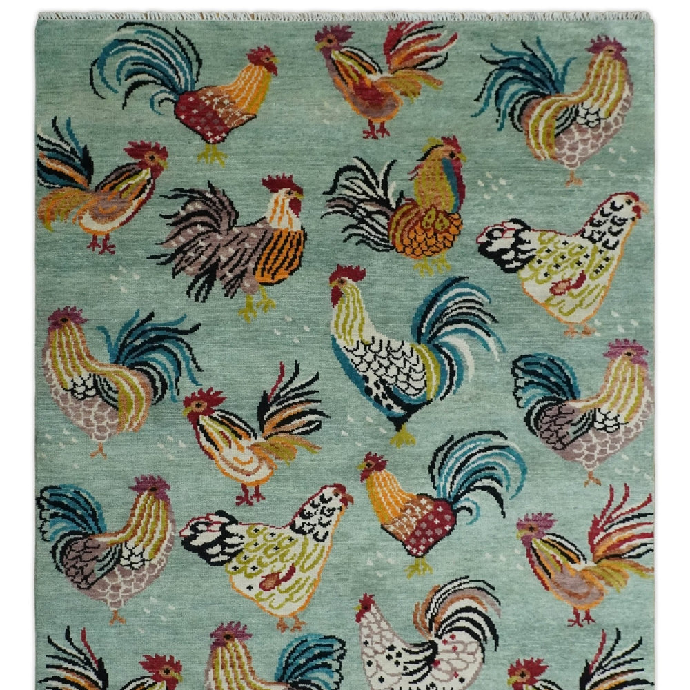 Vibrant Colorful Beautiful Chicken Bird Sage, Ivory, Gold and Brown Hand Knotted Multi Size Wool Area Rug