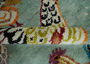 Vibrant Colorful Beautiful chicken Light Green, Ivory, Gold and Brown Hand Knotted 8x10 Wool Area Rug
