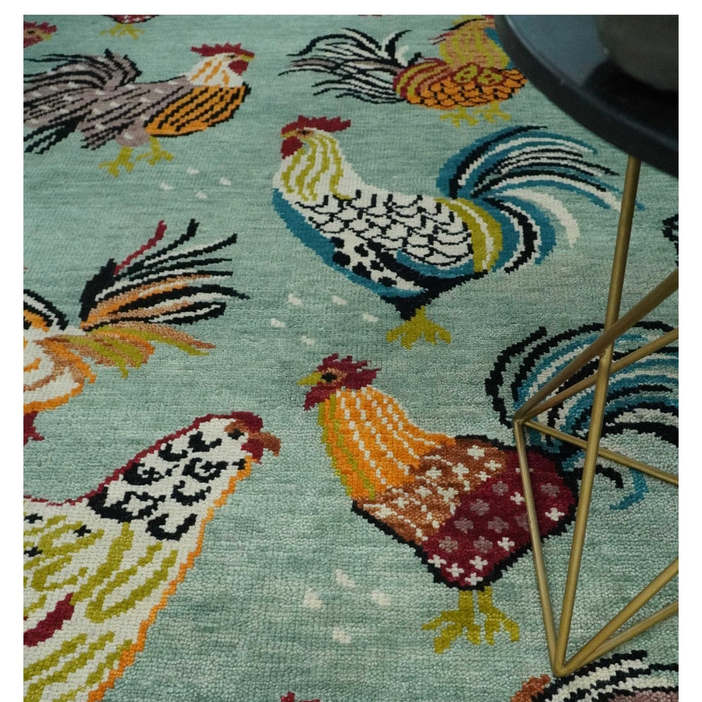 Vibrant Colorful Beautiful chicken Light Green, Ivory, Gold and Brown Hand Knotted 8x10 Wool Area Rug