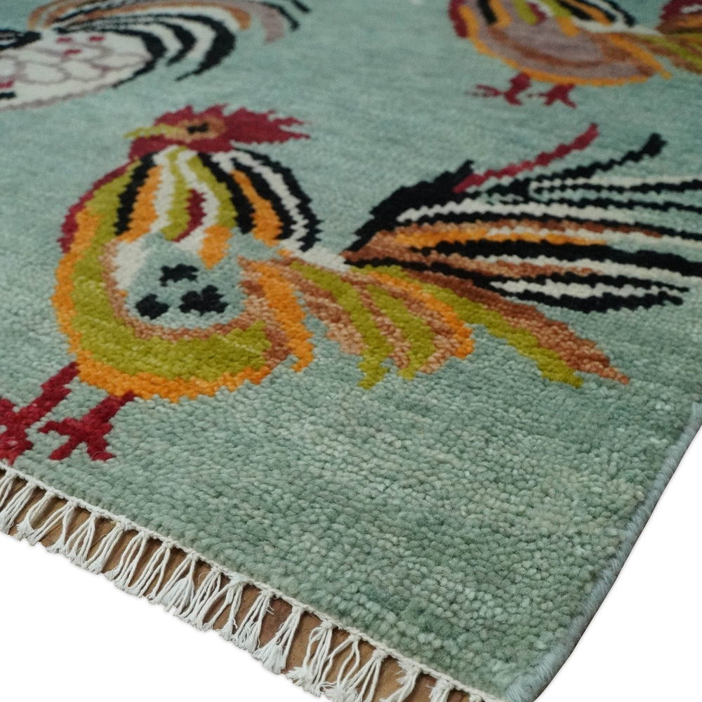 Vibrant Colorful Beautiful chicken Light Green, Ivory, Gold and Brown Hand Knotted 8x10 Wool Area Rug