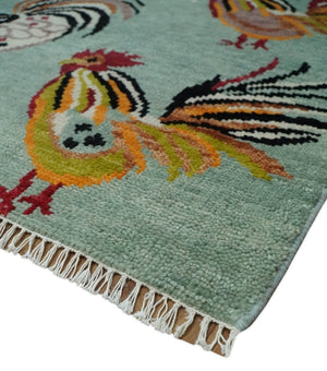 Vibrant Colorful Beautiful chicken Light Green, Ivory, Gold and Brown Hand Knotted 8x10 Wool Area Rug