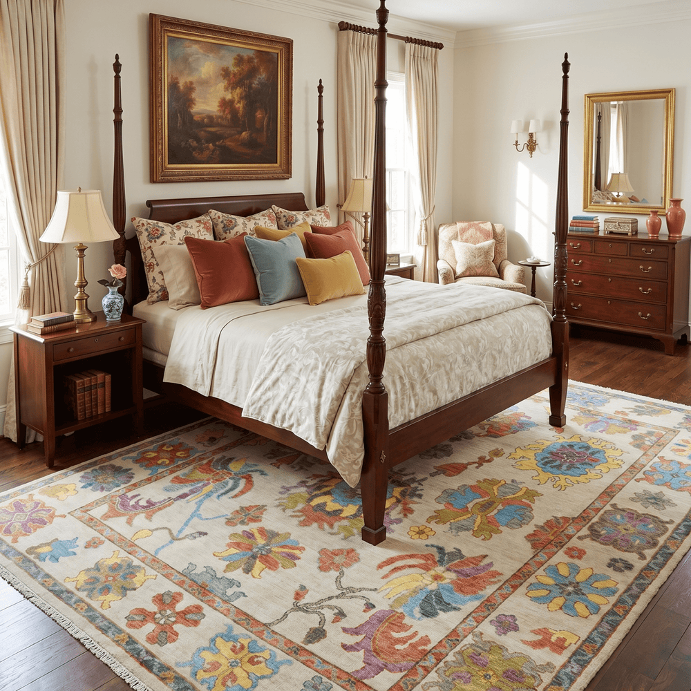 Vibrant colorful Beige And Rust Hand Knotted Traditional Oushak wool Area Rug