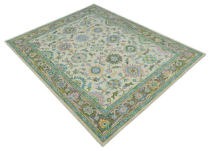 Vibrant Colorful Beige, Blue and Purple Traditional Floral Hand Tufted 8x10 wool rug