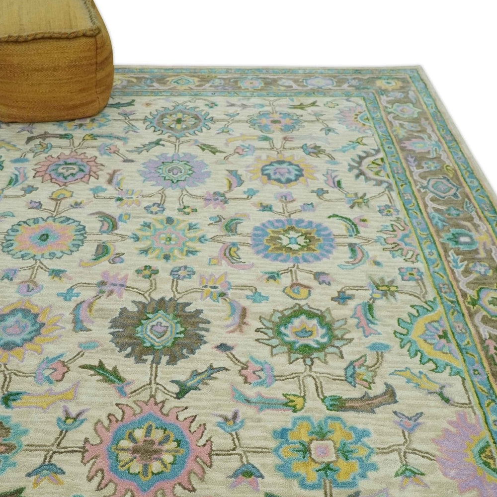 Vibrant Colorful Beige, Blue and Purple Traditional Floral Hand Tufted 8x10 wool rug