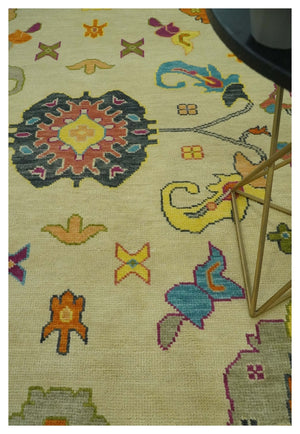 Vibrant Colorful Beige, Silver, Orange and Mustard Hand Knotted 9x12 Wool Area Rug