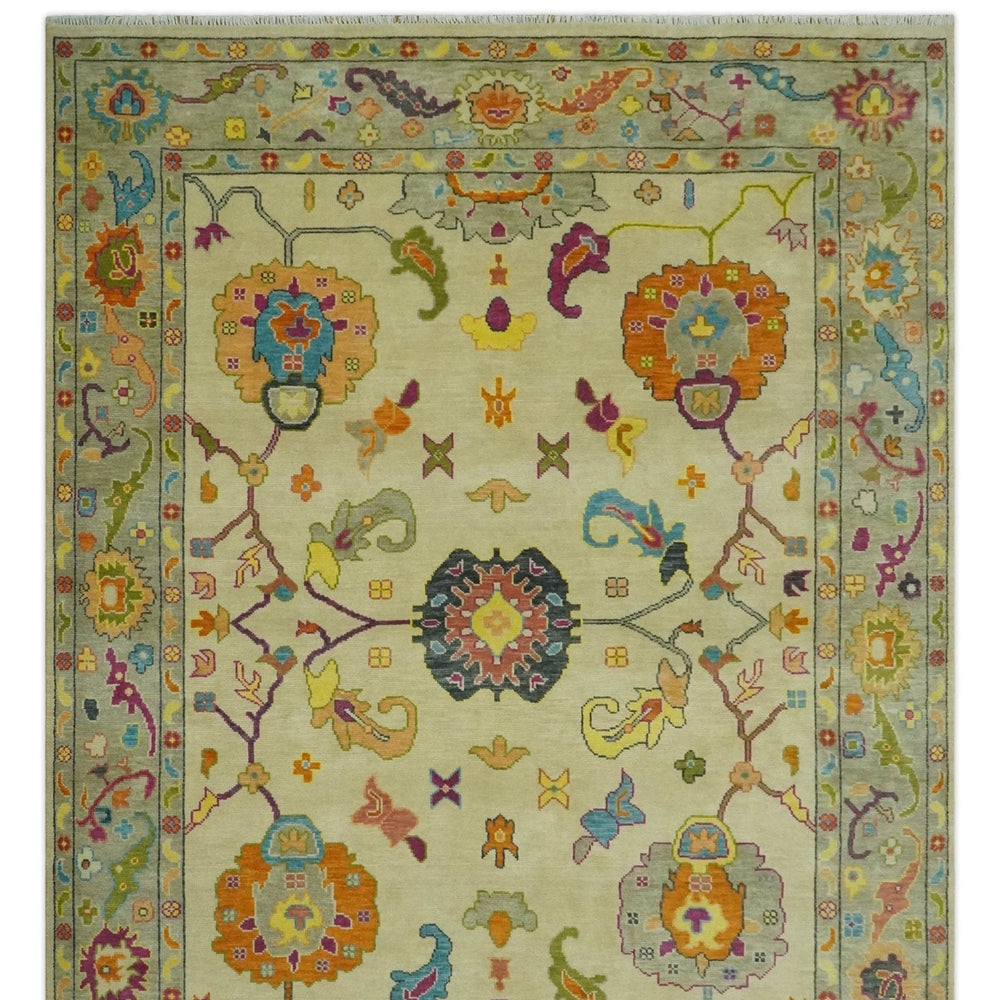 Vibrant Colorful Beige, Silver, Orange and Mustard Hand Knotted 9x12 Wool Area Rug