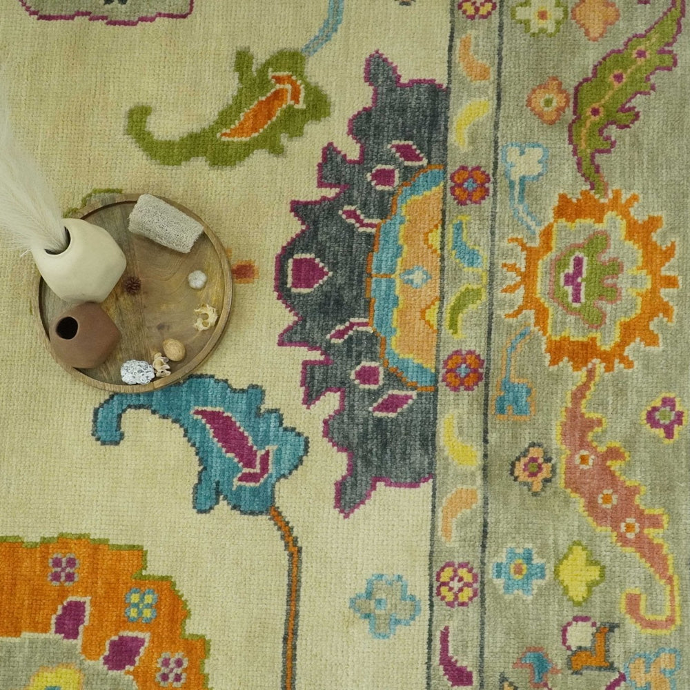 Vibrant Colorful Beige, Silver, Orange and Mustard Hand Knotted 9x12 Wool Area Rug