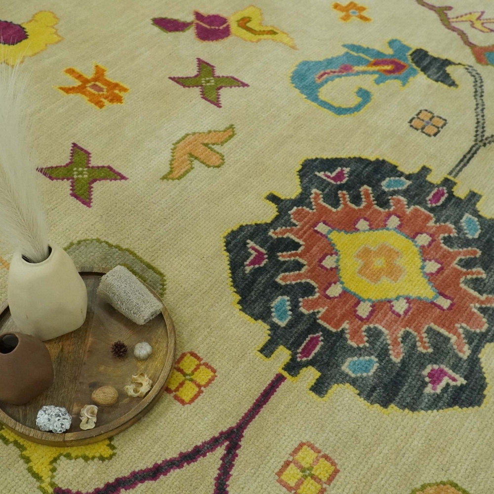 Vibrant Colorful Beige, Silver, Orange and Mustard Hand Knotted 9x12 Wool Area Rug