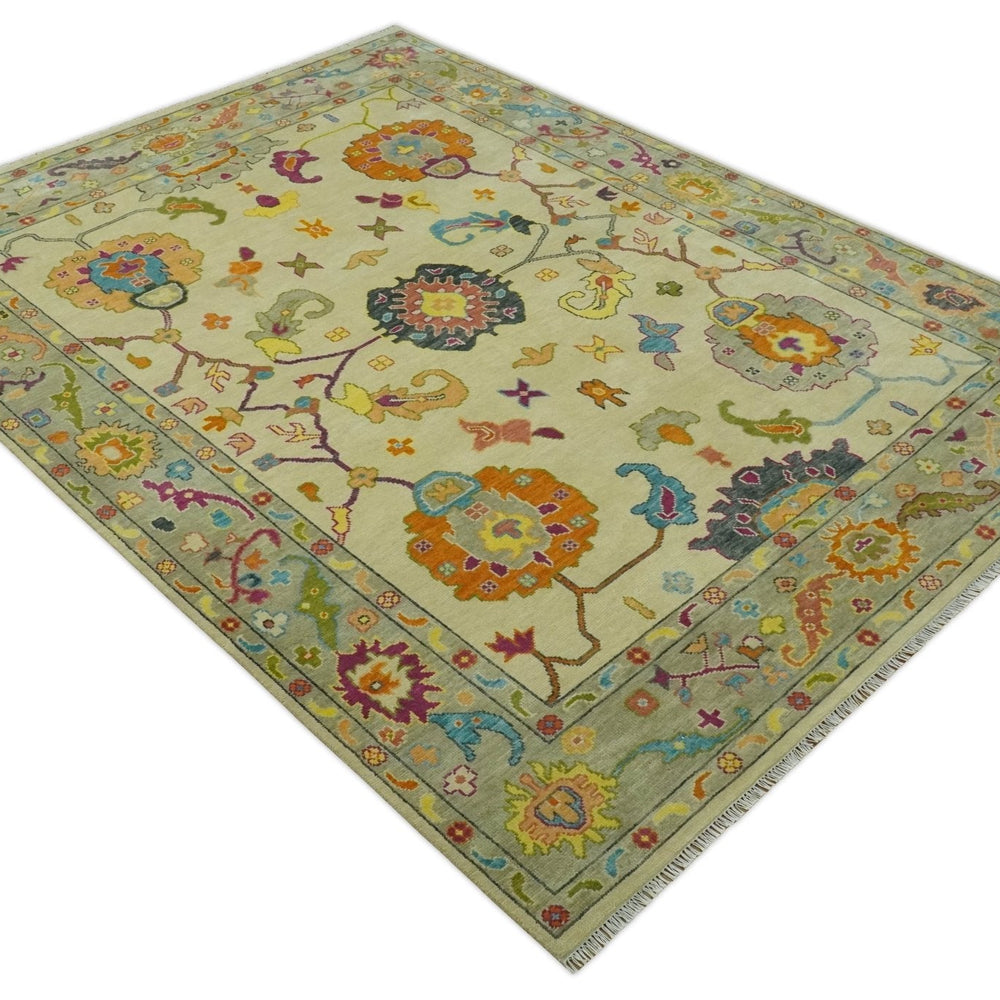 Vibrant Colorful Beige, Silver, Orange and Mustard Hand Knotted 9x12 Wool Area Rug