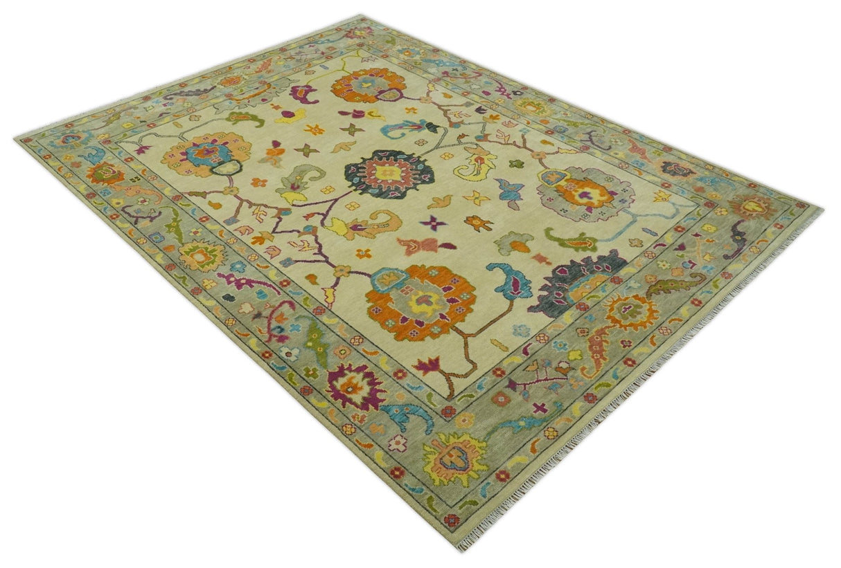 Vibrant Colorful Beige, Silver, Orange and Mustard Hand Knotted 9x12 Wool Area Rug