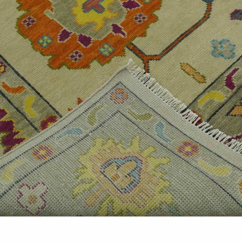Vibrant Colorful Beige, Silver, Orange and Mustard Hand Knotted 9x12 Wool Area Rug
